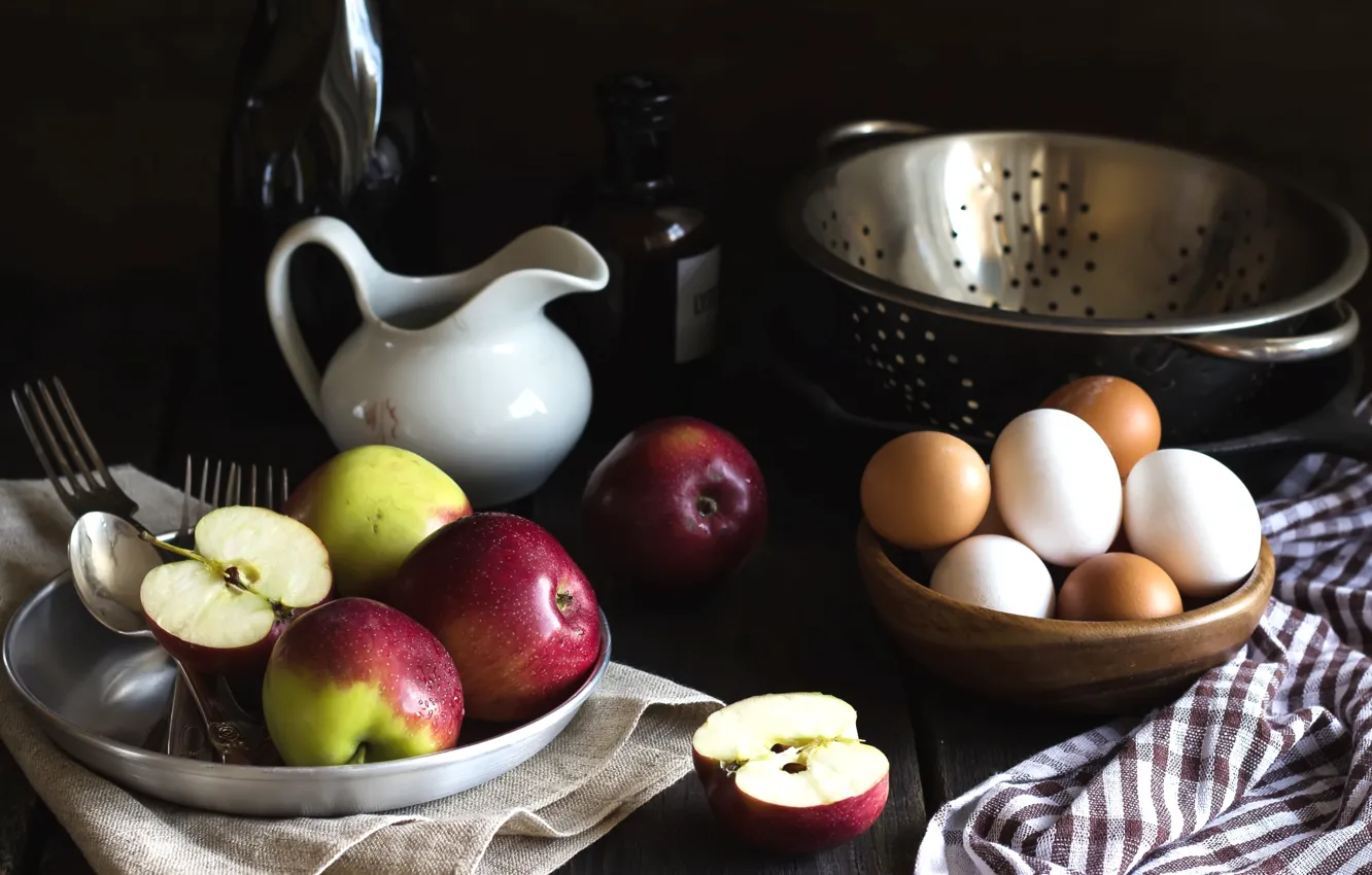 Photo wallpaper apples, eggs, pitcher, still life
