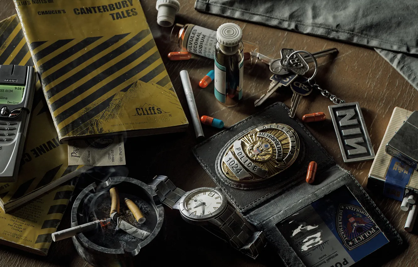 Photo wallpaper watch, police, pills, badge, keys, police, ashtray, case