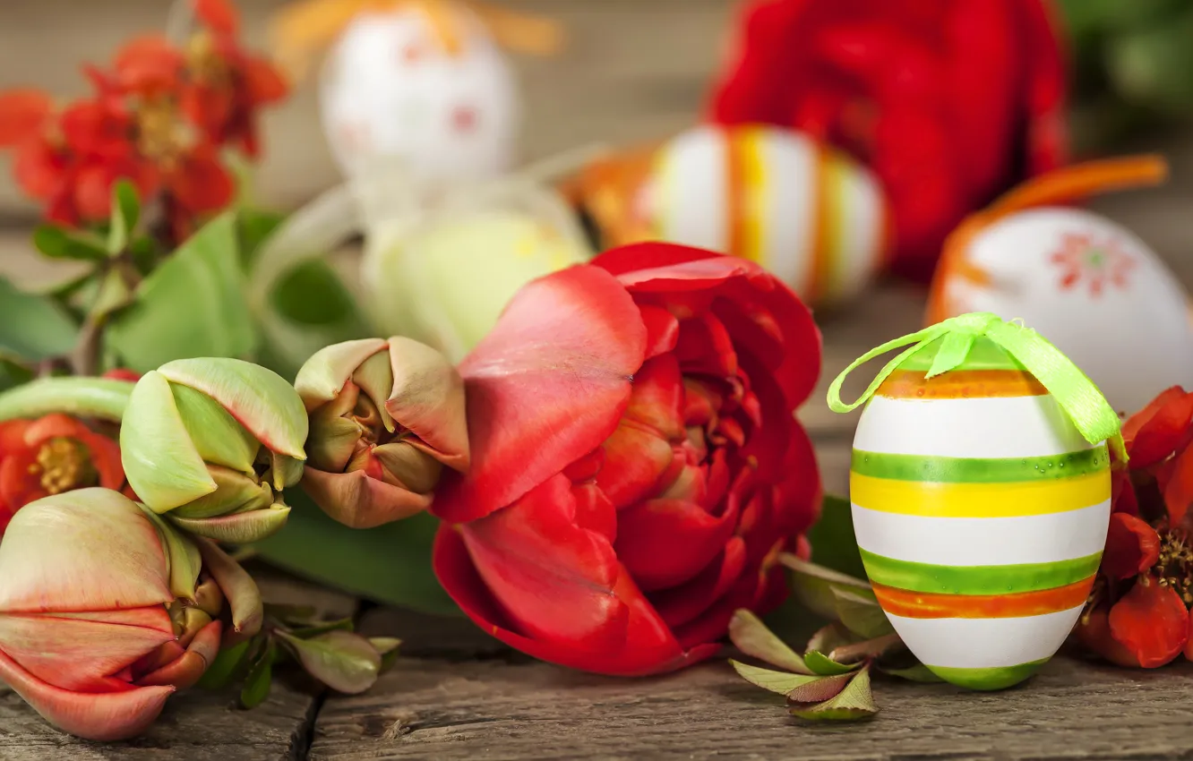Photo wallpaper flowers, holiday, Board, eggs, Easter, tulips, Easter, eggs