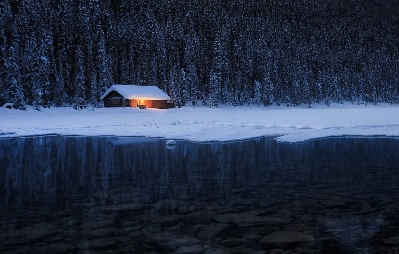 Photo wallpaper winter, forest, light, nature, river, the evening, house