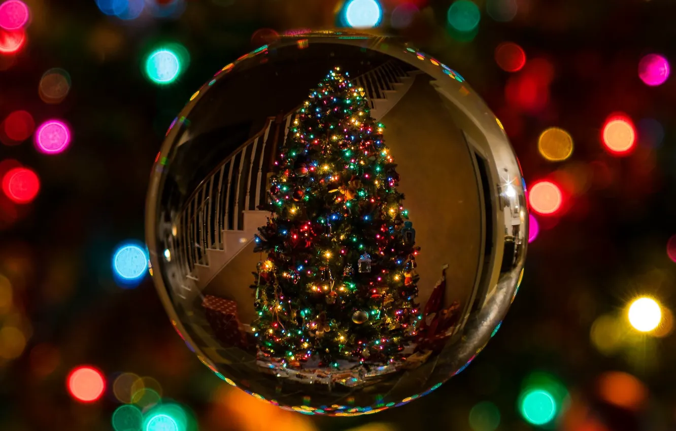 Photo wallpaper reflection, mood, holiday, balls, toy, tree, sphere