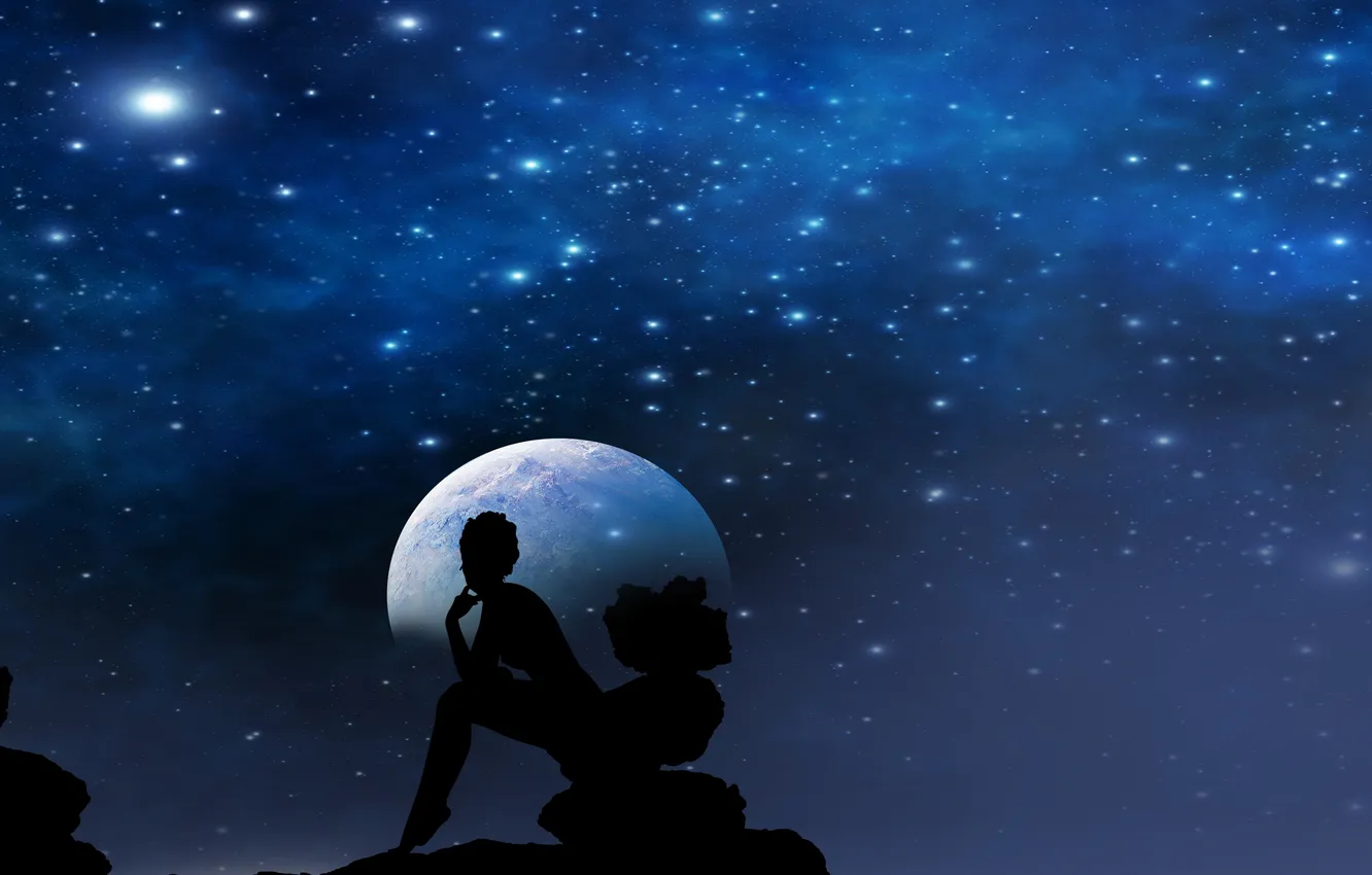 Photo wallpaper moon, stars, silhouette of a girl