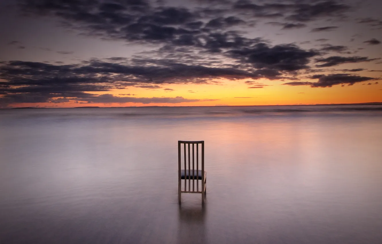 Photo wallpaper sea, clouds, sunset, horizon, chair, orange sky