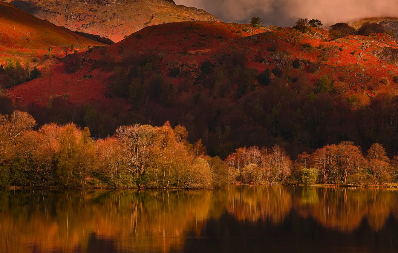 Photo wallpaper autumn, trees, mountains, clouds, lake, reflection