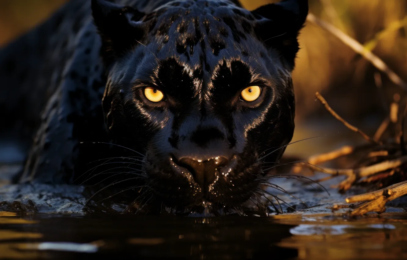 Photo wallpaper look, face, water, nature, pose, black, Panther, bathing