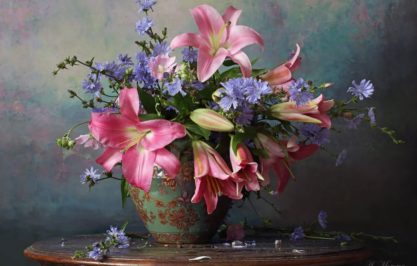 Photo wallpaper background, Lily, bouquet, vase, chicory, Andrey Morozov
