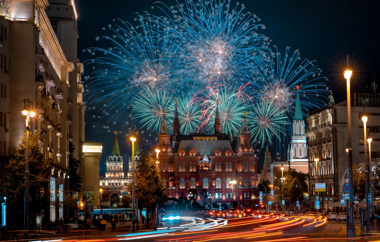 Photo wallpaper road, building, home, lights, Moscow, tower, Russia, night city