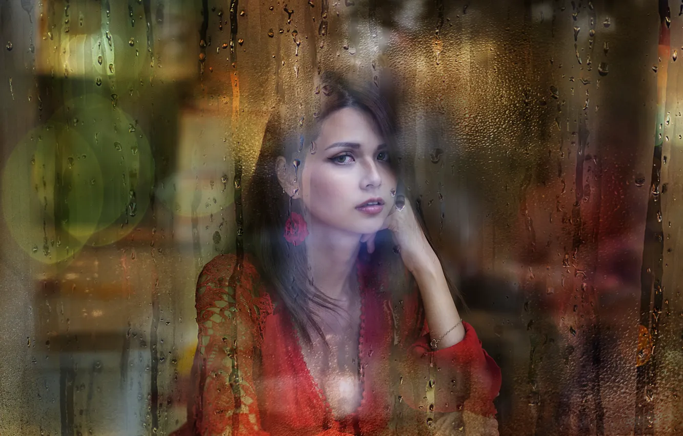 Photo wallpaper look, glass, girl, drops, brunette, bokeh, Arnie Chou