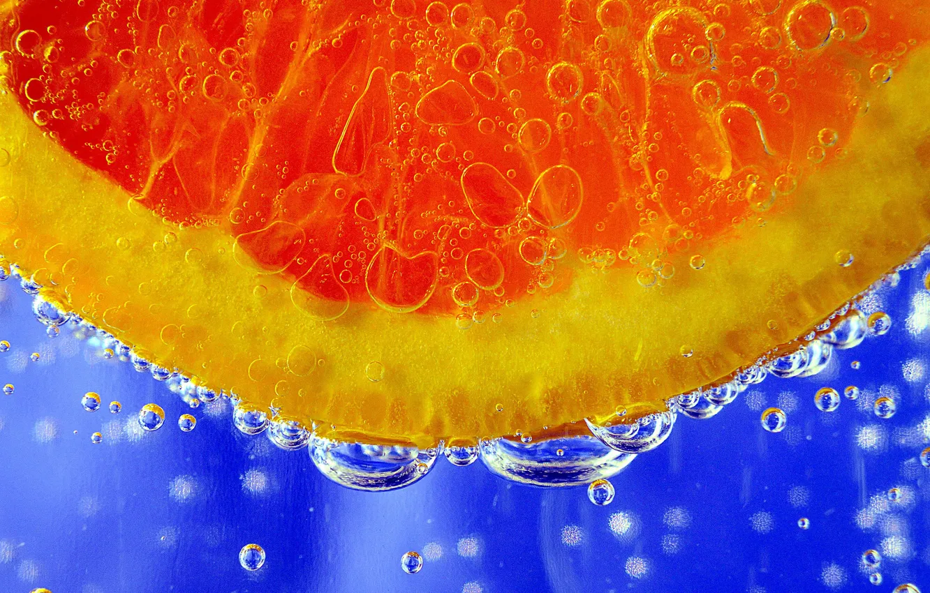 Photo wallpaper water, bubbles, orange, slice, the air