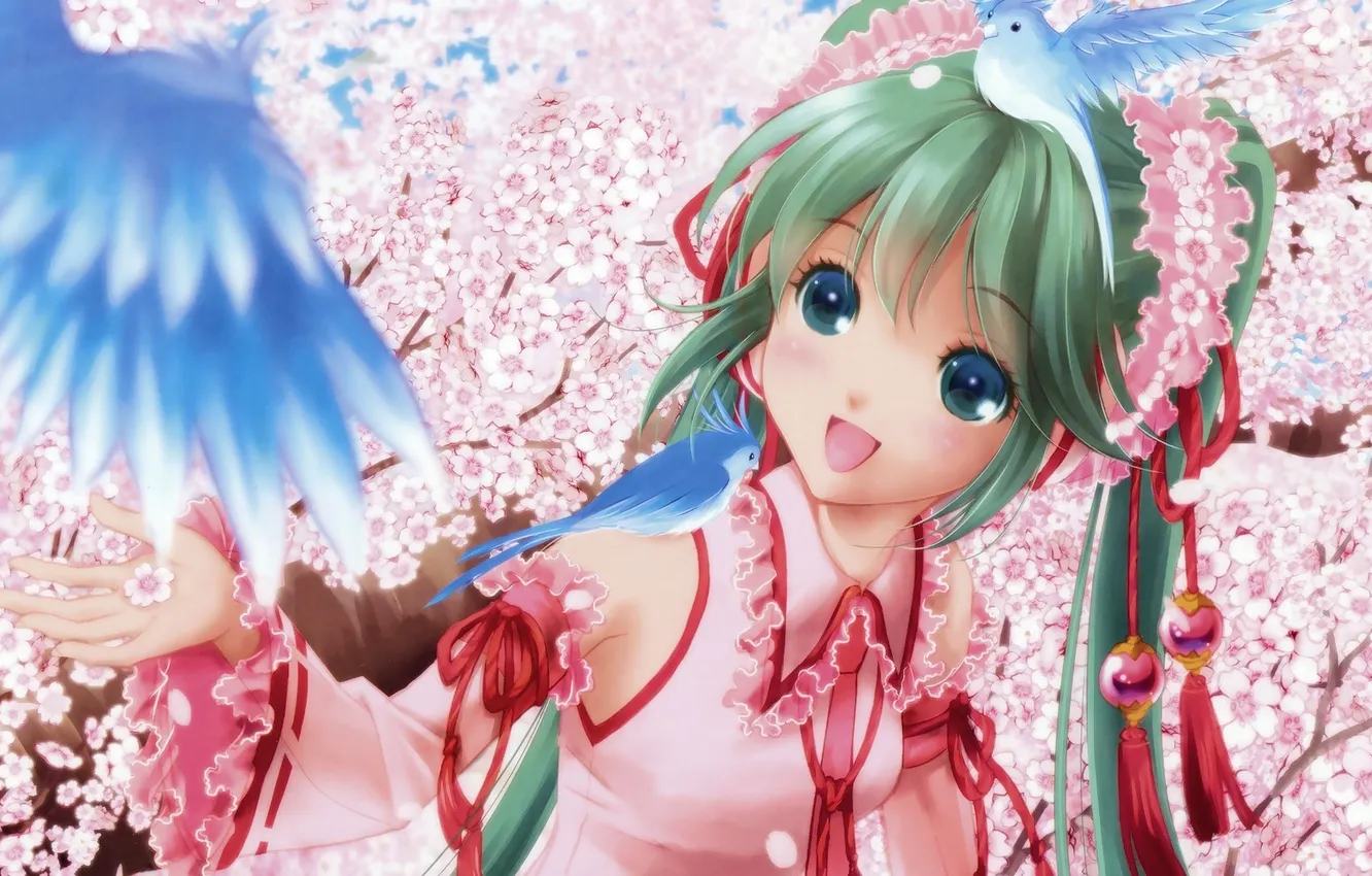 Photo wallpaper girl, trees, Sakura, art, bird, vocaloid, hatsune miku, Vocaloid