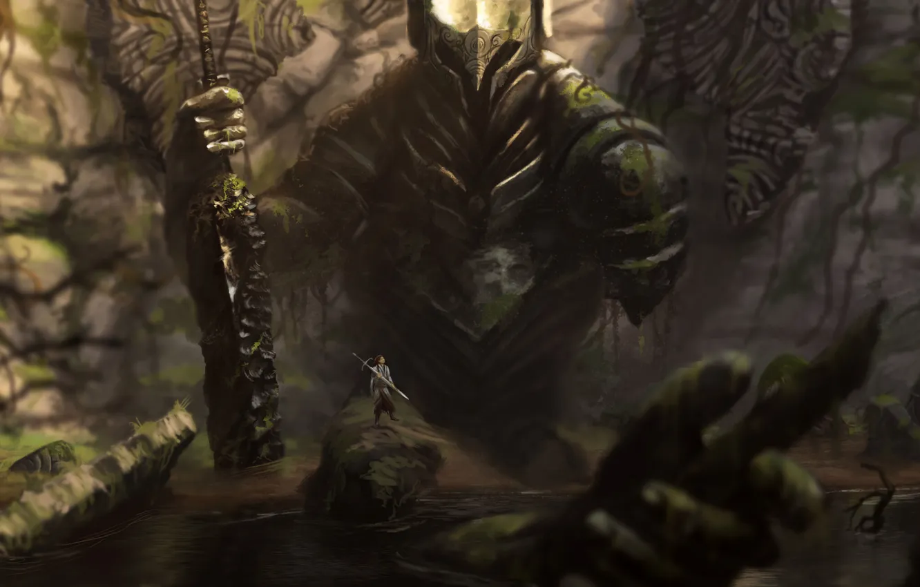 Photo wallpaper the wreckage, river, stones, warrior, art, statue, traveler, giant