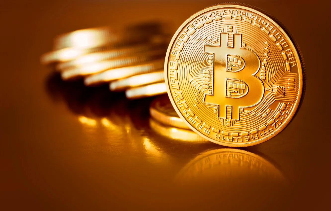 Photo wallpaper blur, coins, gold, coins, bitcoin, bitcoin, btc