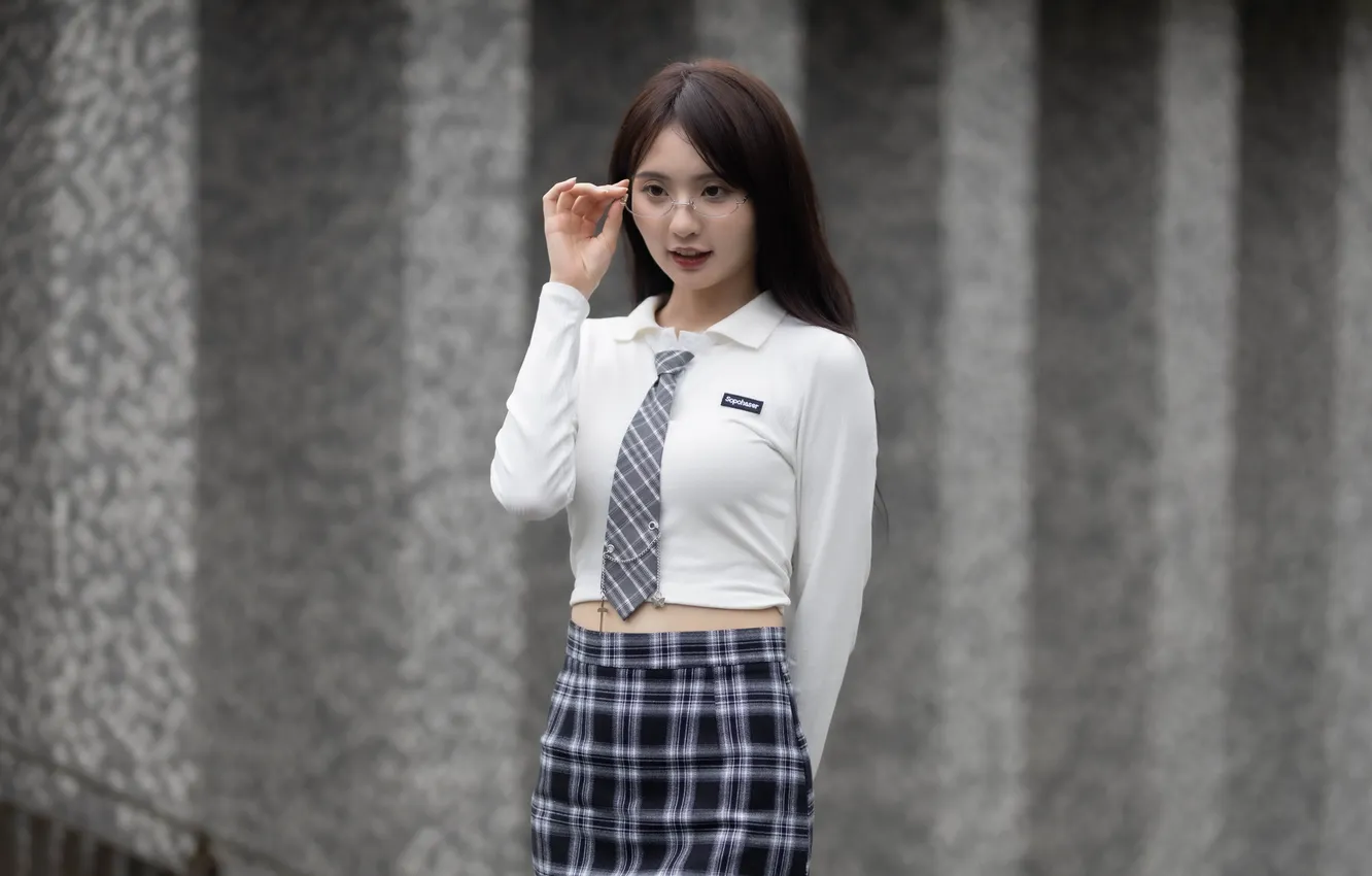 Photo wallpaper Glasses, Asian, Skirt, Blouse, Tie