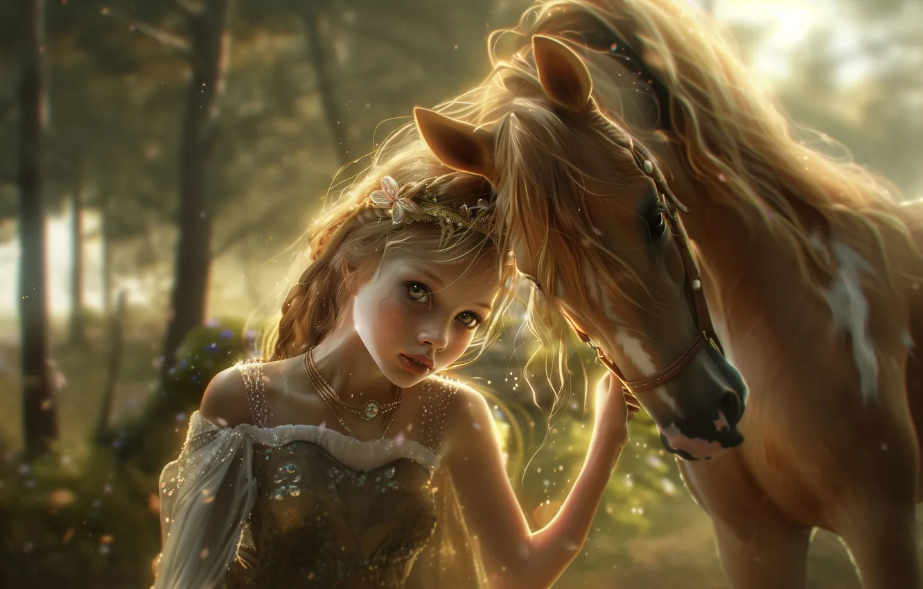 Photo wallpaper look, horse, girl, two, digital art, AI art, The Art of Artificial Intelligence, neural network