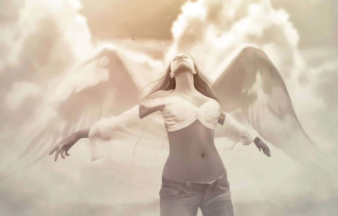 Photo wallpaper girl, clouds, wings, jeans, angel