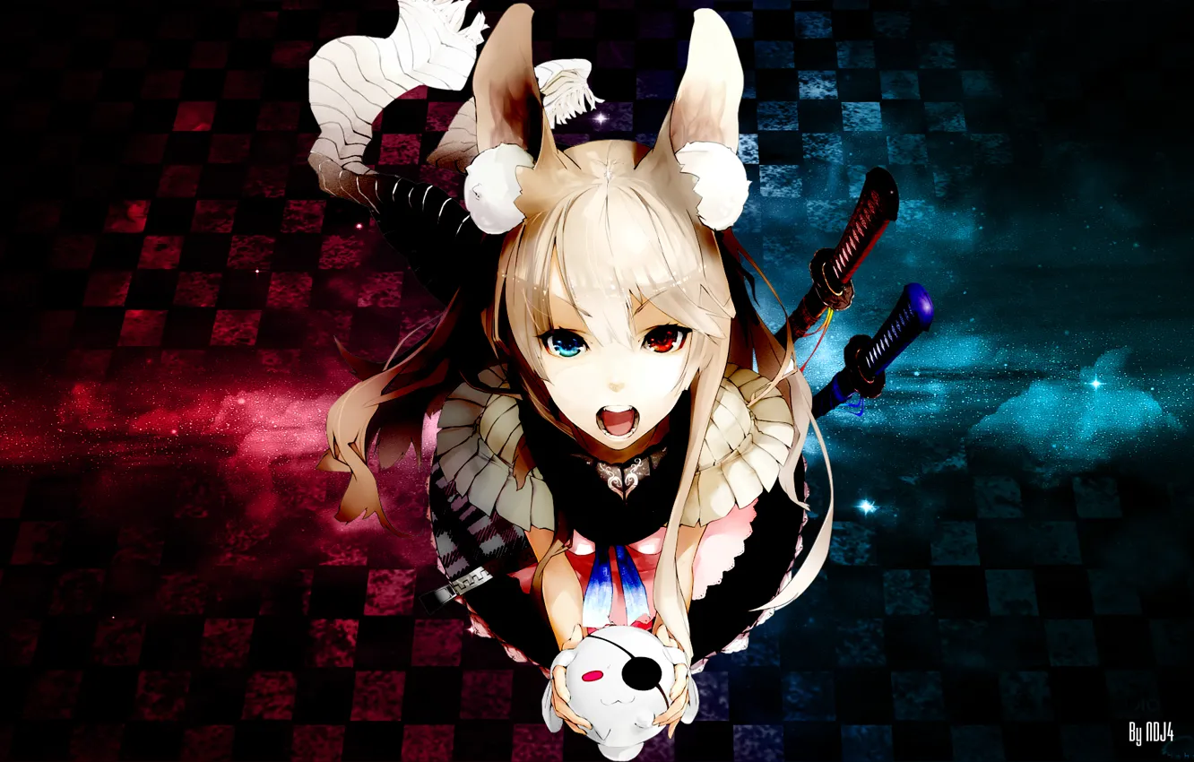 Photo wallpaper girl, sword, anime, scarf, neko, ears, anime, multi-colored eyes