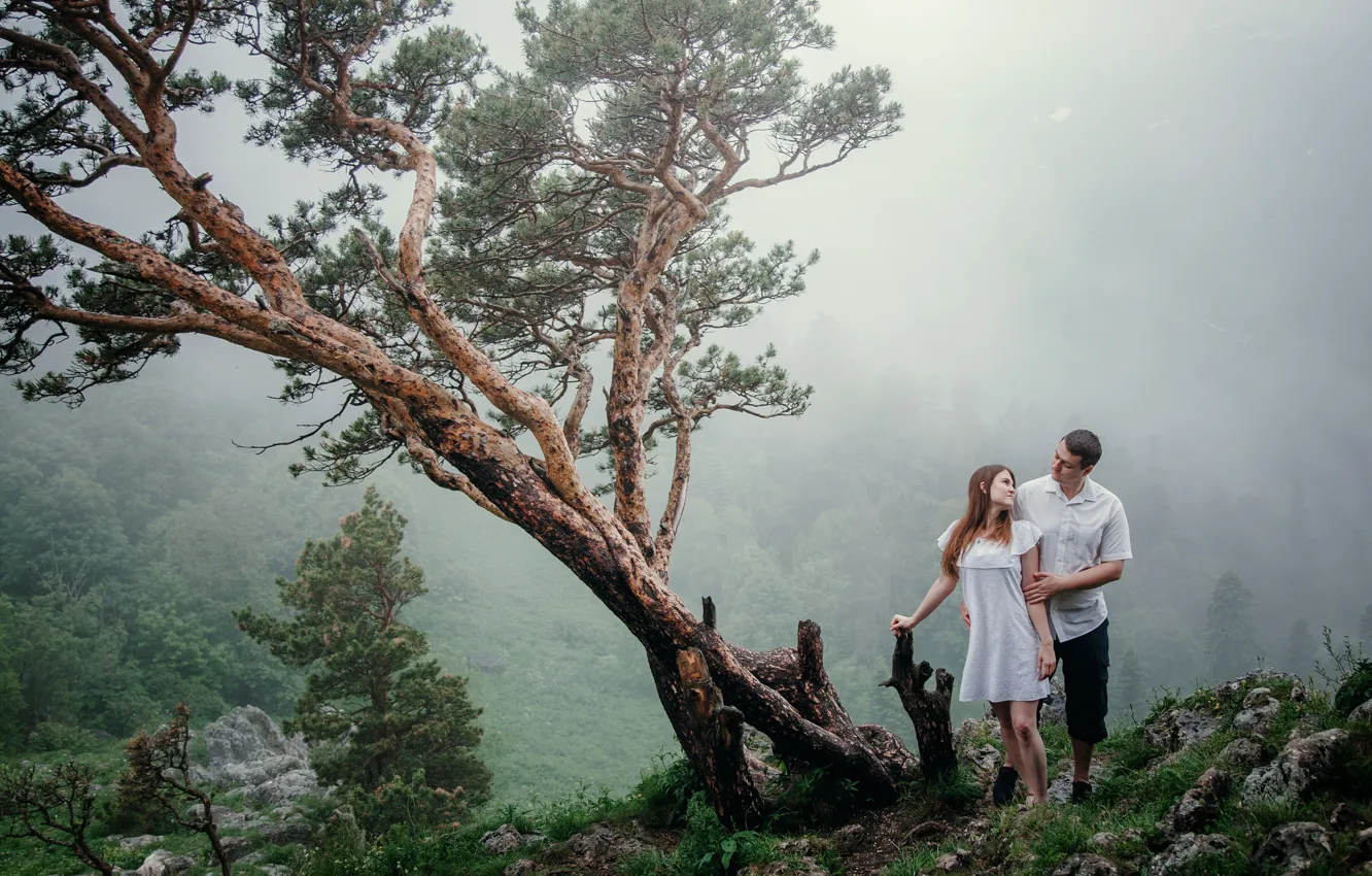Photo wallpaper girl, trees, hills, hugs, male, lovers