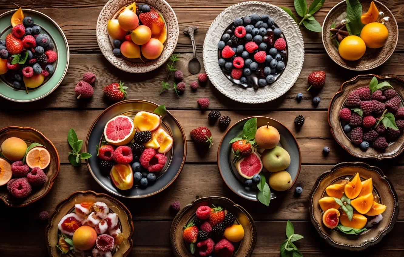 Photo wallpaper berries, raspberry, table, Board, food, blueberries, strawberry, citrus