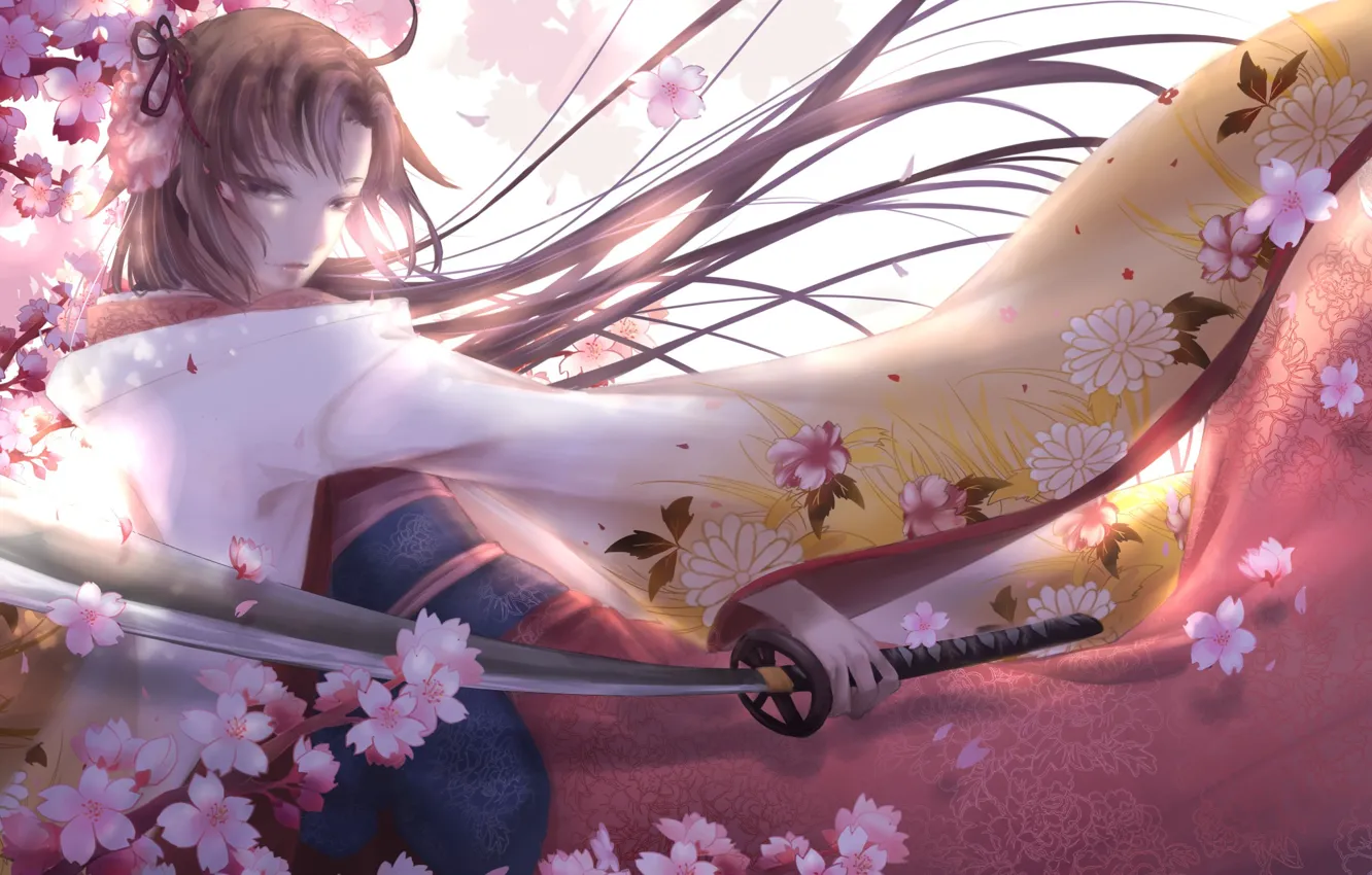 Photo wallpaper girl, flowers, sword, anime, art, kara no kyoukai, ryougi shiki, fate/grand order