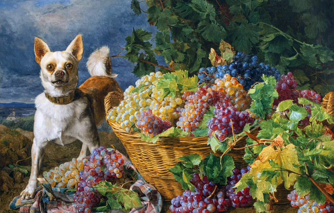 Photo wallpaper basket, dog, picture, grapes, Ferdinand Georg Waldmuller, Austrian artist, Ferdinand Georg Waldmülle, A dog guards …