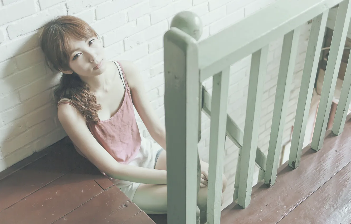 Photo wallpaper girl, stairs, direct gaze