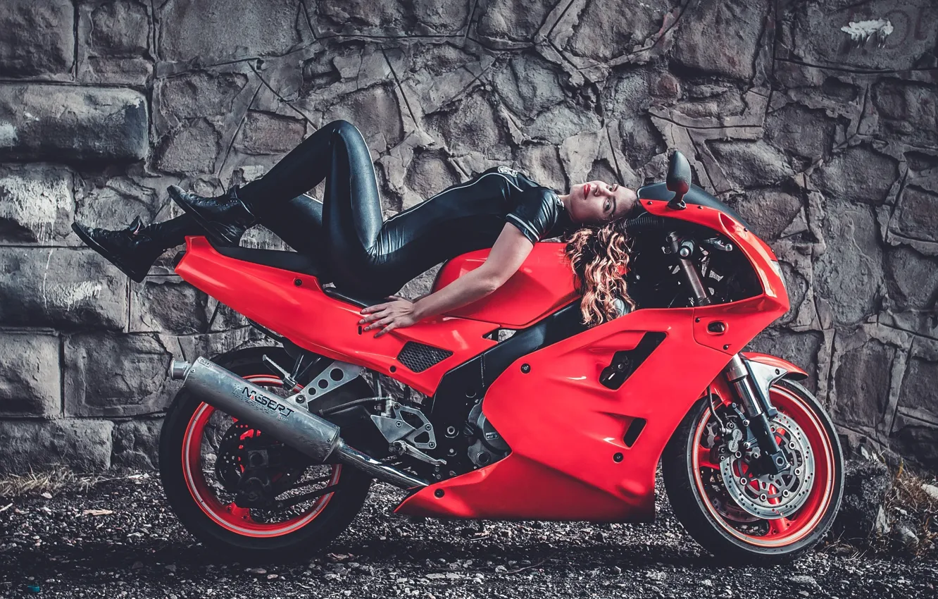 Photo wallpaper Sitting, Brake, Hair, Red, Model, Side, Points, Tight Clothing