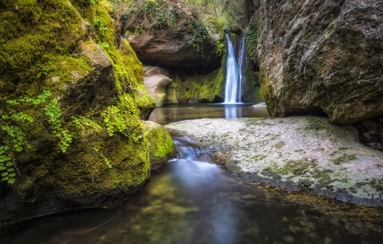 Photo wallpaper stones, rocks, waterfall, moss, Spain, Catalonia, The Pines