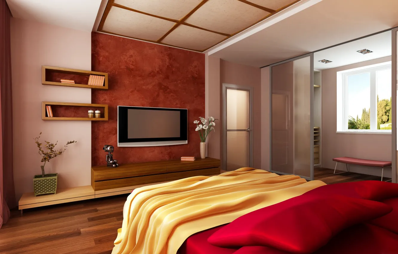 Photo wallpaper flowers, room, bed, the door, TV, window, bedroom, shelves
