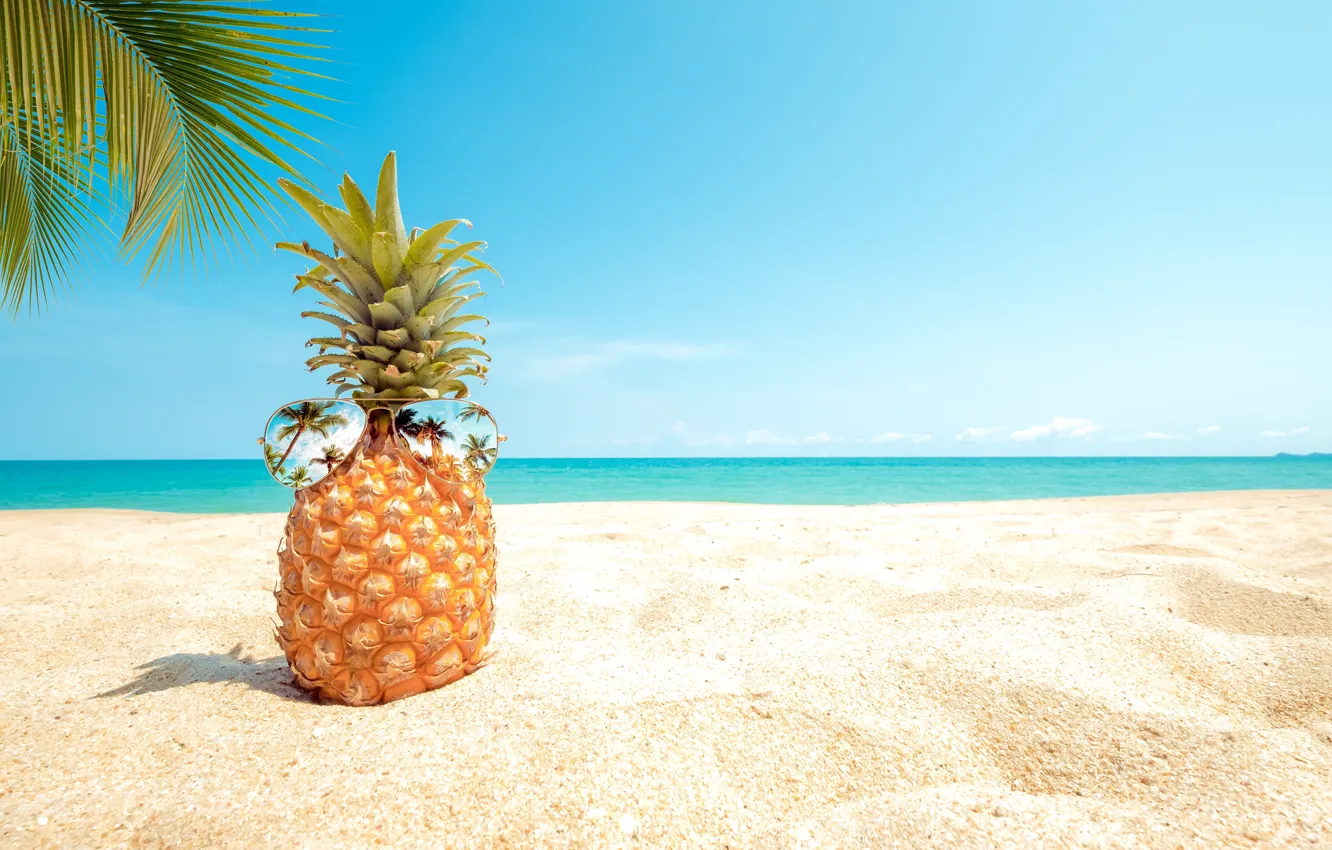 Photo wallpaper sea, beach, summer, glasses, pineapple