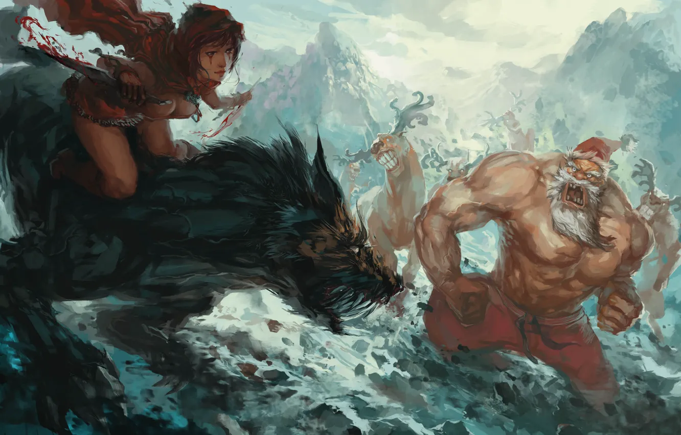 Photo wallpaper winter, snow, new year, wolf, deer, art, Santa, Christmas