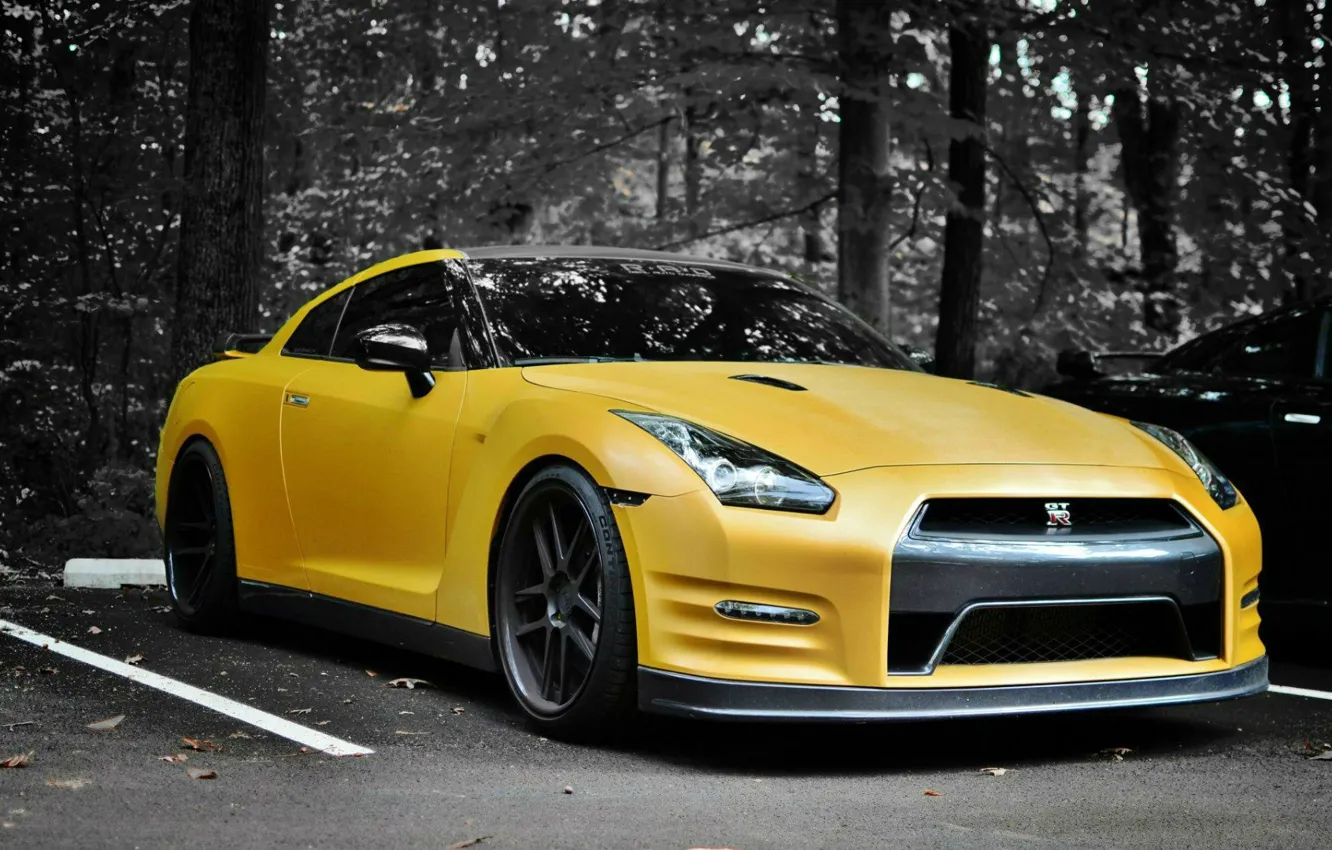 Photo wallpaper Nissan, GT-R, yellow, on the contrast