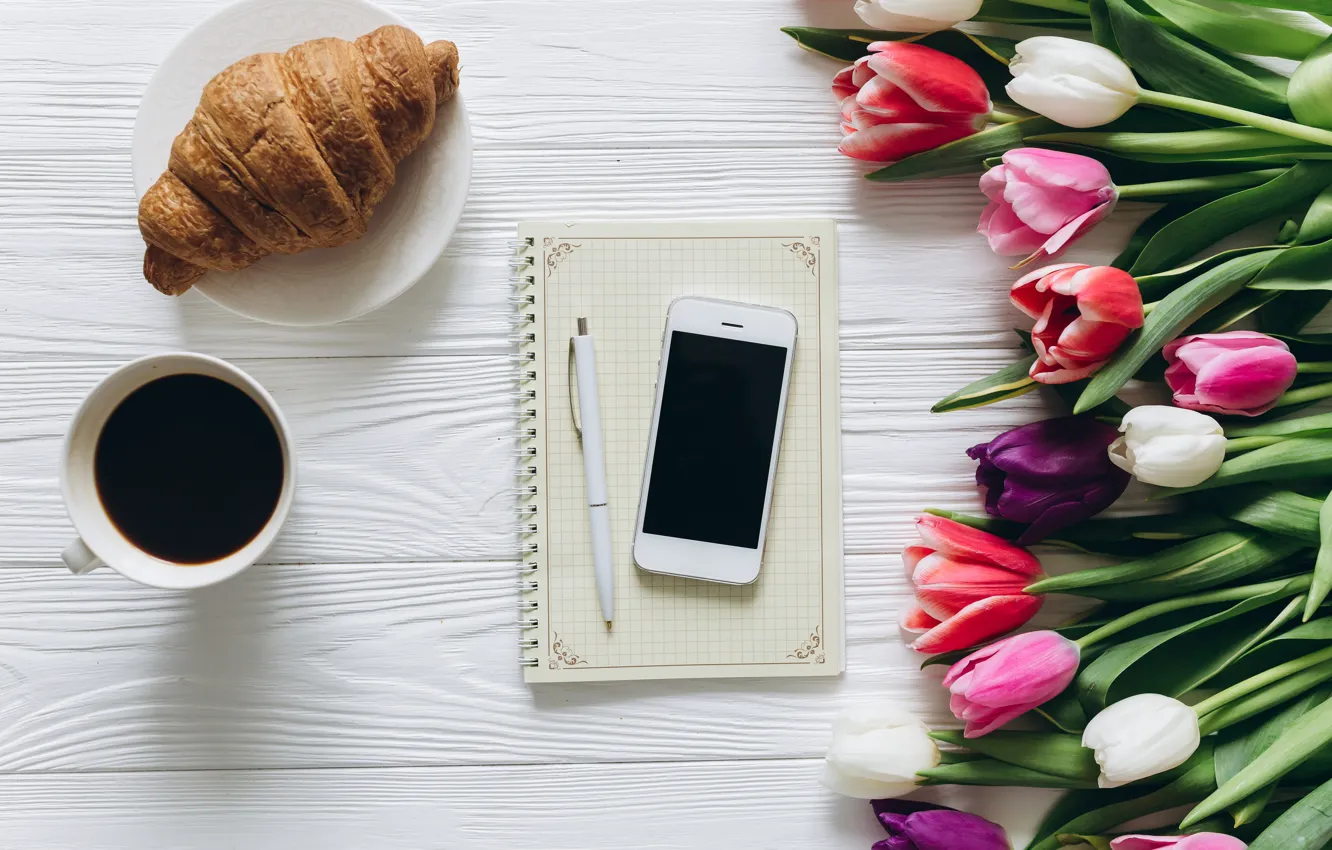 Photo wallpaper flowers, coffee, Breakfast, Cup, tulips, pink, white, heart