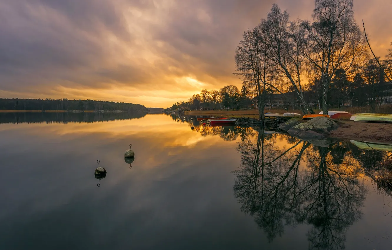 Photo wallpaper sunset, nature, lake, boats, Sweden, Sweden, lake, sunsets