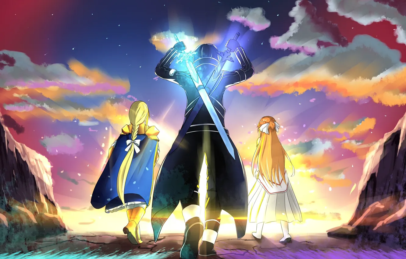 Photo wallpaper girl, sword, guy, crossover, sword art online, sword art online, kirito, Asuna