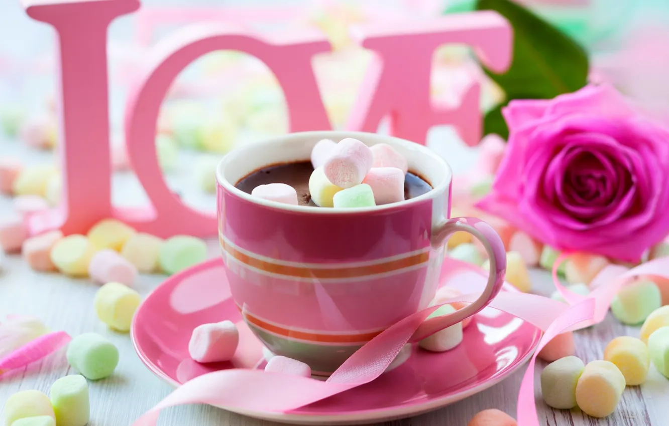 Photo wallpaper colorful, wallpaper, love, rose, flower, pink, cup, chocolate