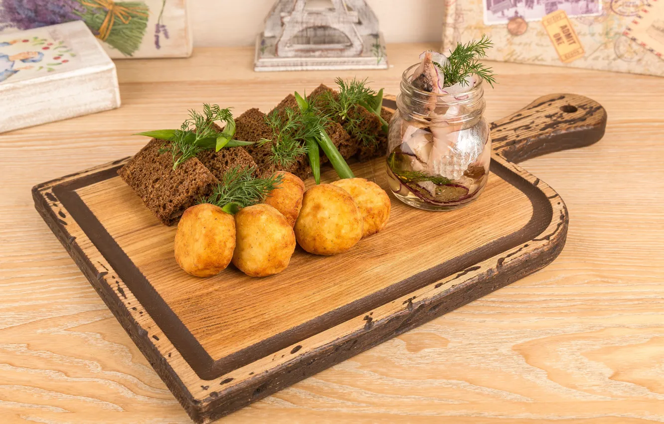 Photo wallpaper dill, bread, herring, potatoes, appetizer, bow