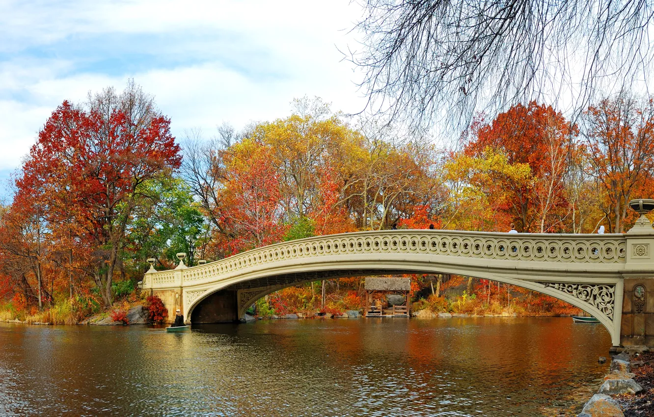 Photo wallpaper autumn, leaves, trees, bridge, Park, river, landscape, nature