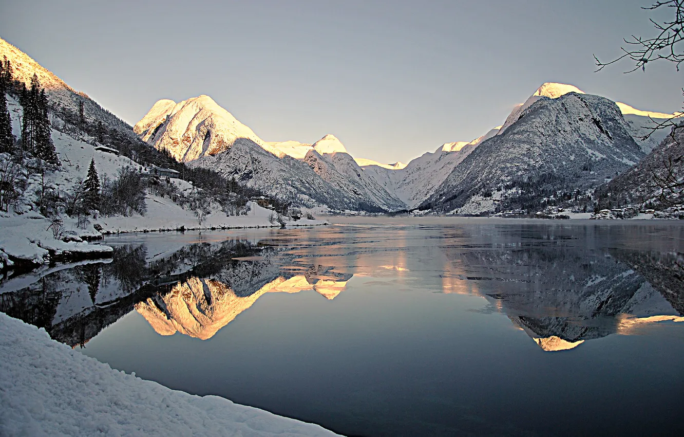 Photo wallpaper winter, the sky, snow, mountains, lake