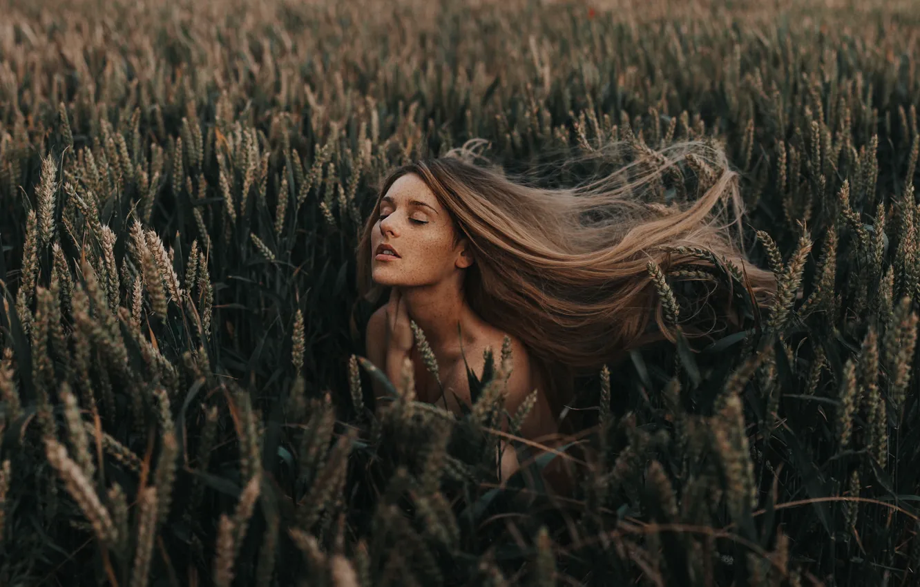 Photo wallpaper field, girl, ears