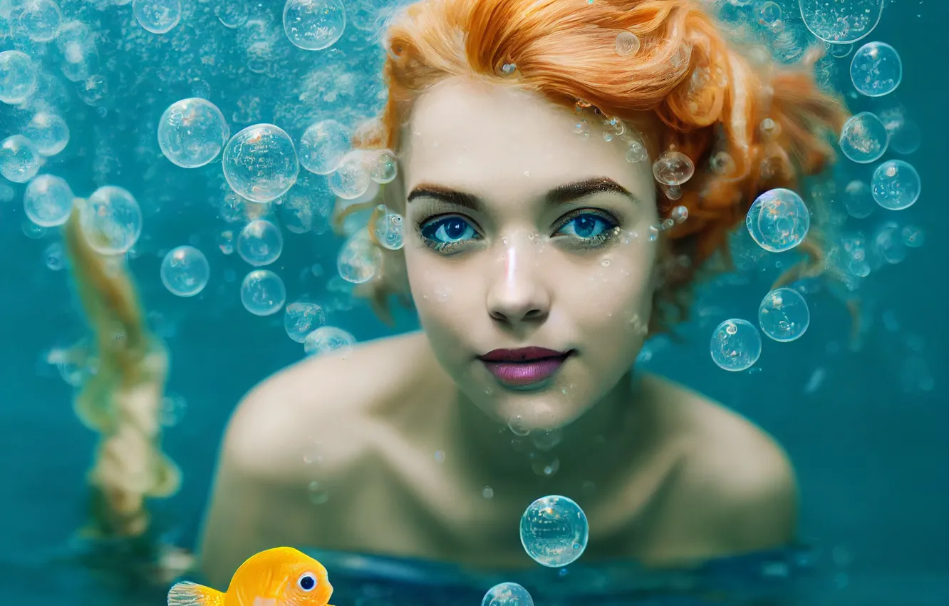 Photo wallpaper look, girl, face, bubbles, mermaid, fish, red, redhead