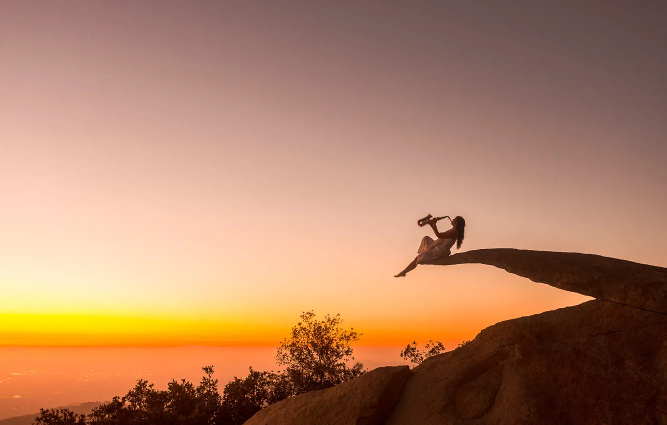 Photo wallpaper girl, sunset, saxophone
