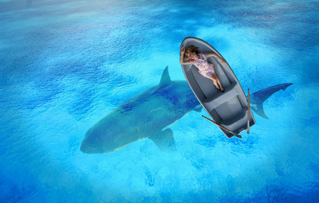 Photo wallpaper sea, girl, rendering, woman, boat, shark