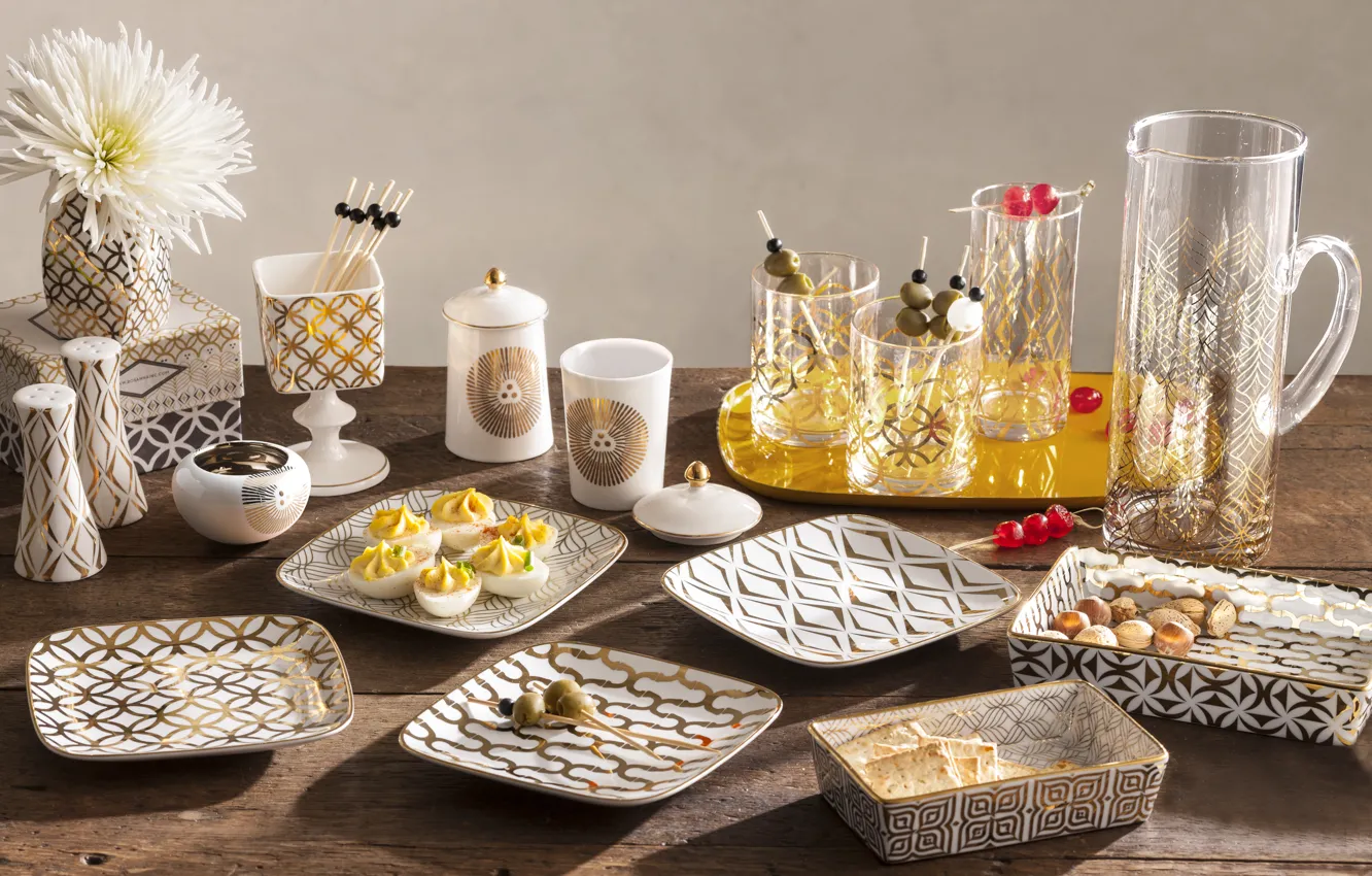 Photo wallpaper table, food, olives, decor, toast, appetizer