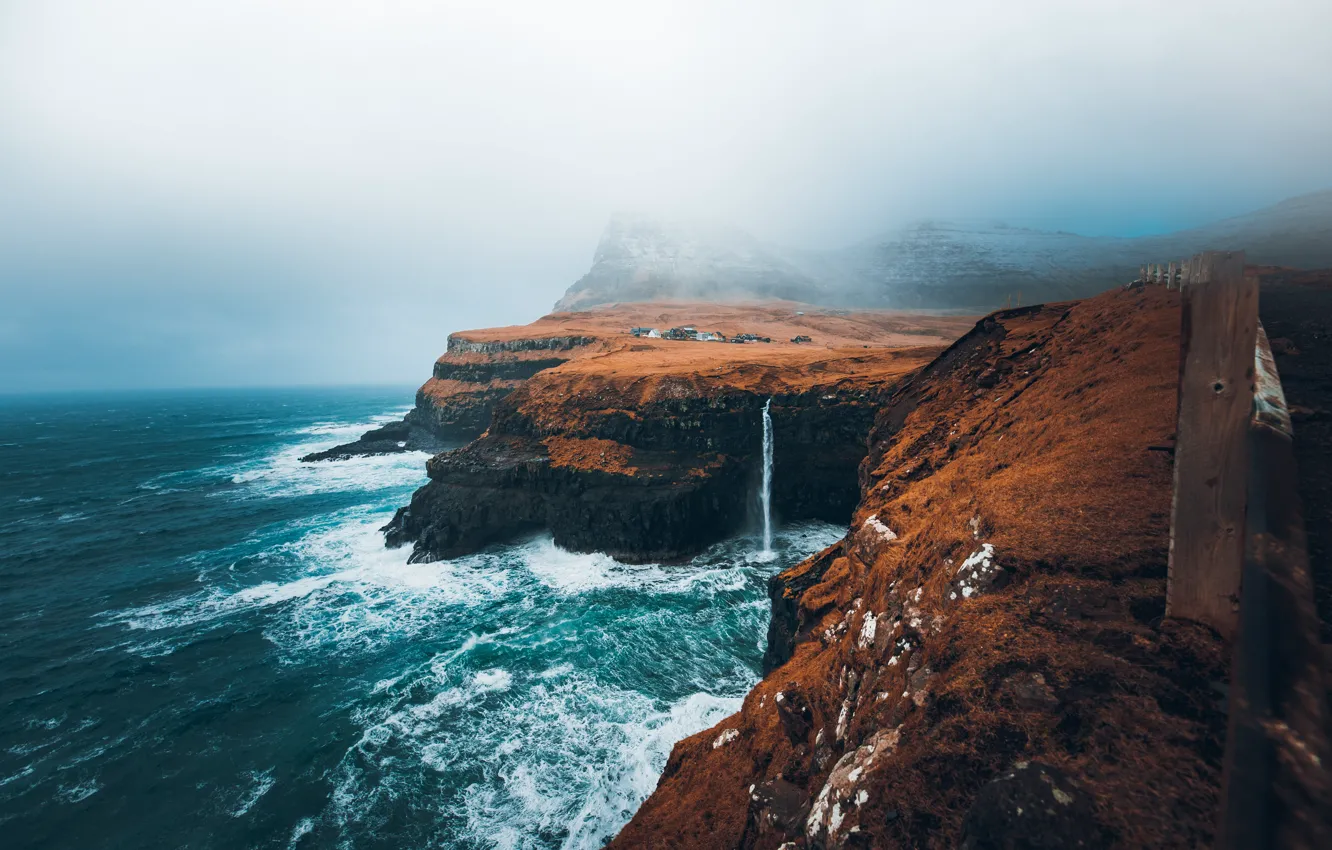 Photo wallpaper sea, fog, rocks, waterfall, haze, house, The Faroe Islands