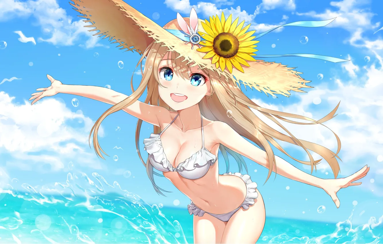 Photo wallpaper water, girl, sunflowers, flowers, hat, Girls Frontline