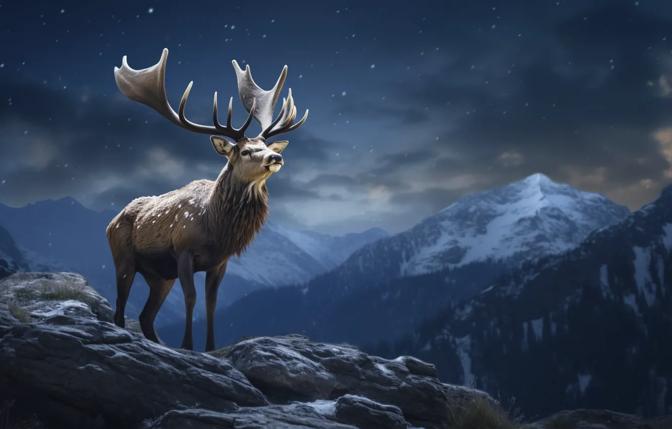 Photo wallpaper forest, mountains, night, nature, deer, reindeer, AI art, neural network
