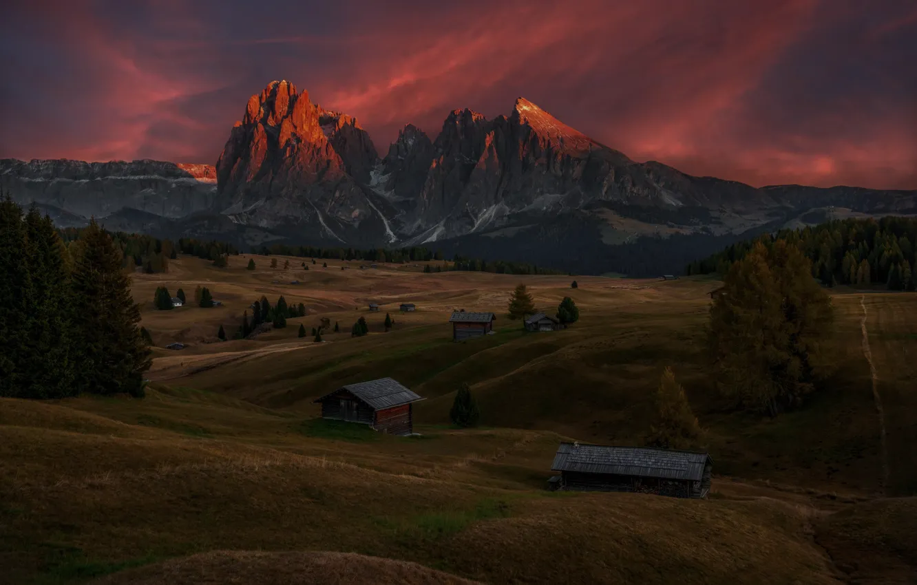 Photo wallpaper landscape, sunset, mountains, nature, home, meadow, Italy, The Dolomites
