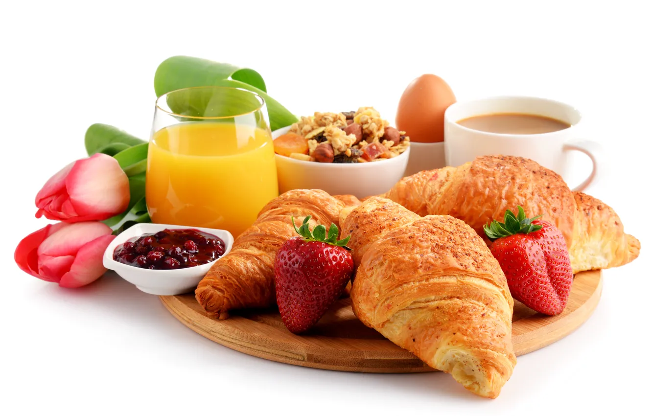 Photo wallpaper strawberry, juice, croissant