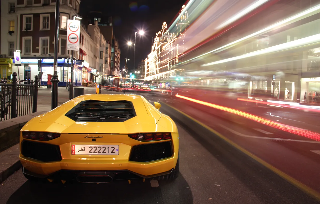 Photo wallpaper night, ass, Lamborghini, yellow, night, aventador