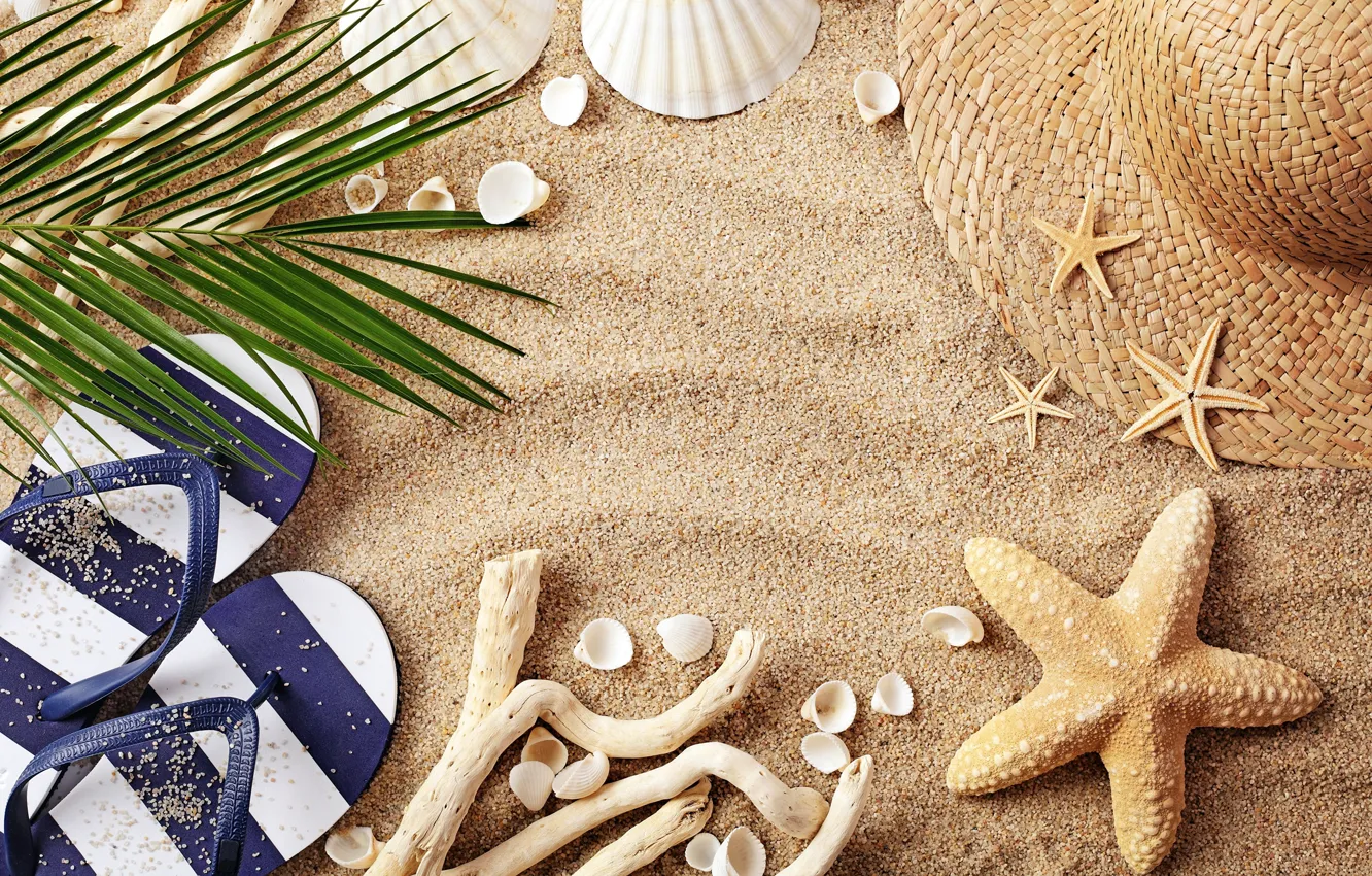 Photo wallpaper sand, beach, summer, shell, hat, flip flops